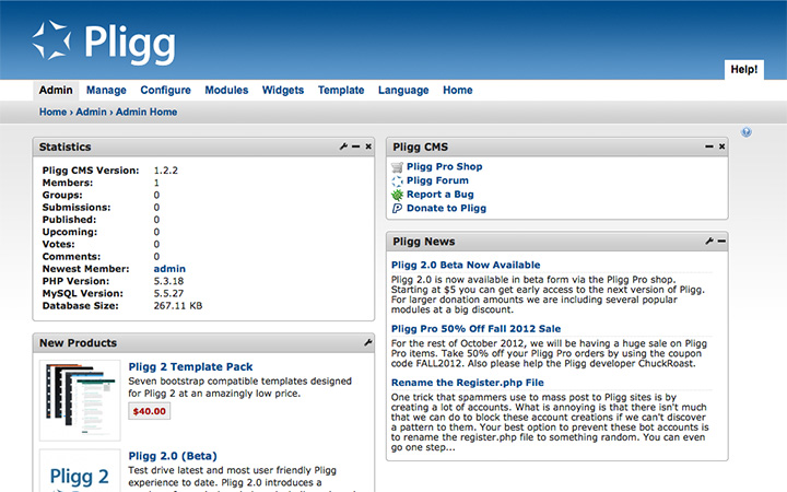 pligg cms admin panel screenshot