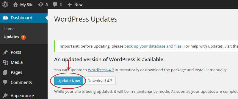 update wordpress button
